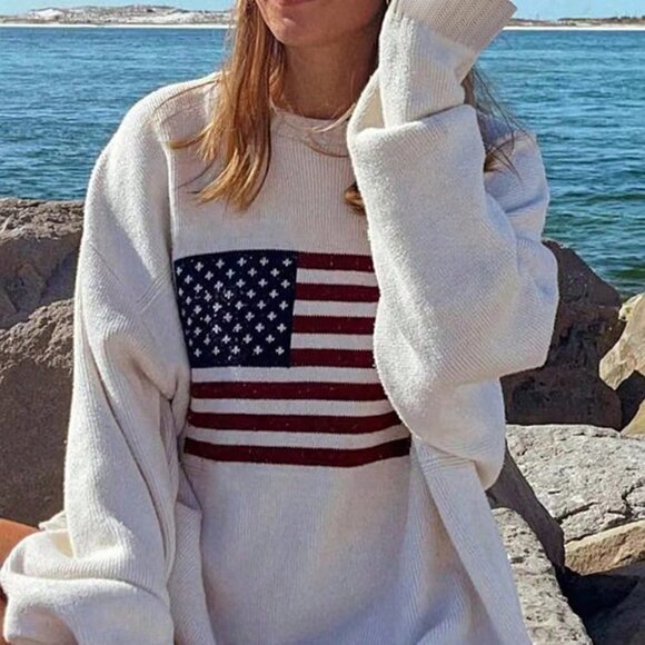 White Casual Womens Flag Design Drop Shoulder Sweater - Picture 3 of 5